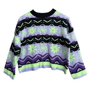 Justice Girls Fuzzy Floral Sequin Logo Sweater Purple Lime L 12/14